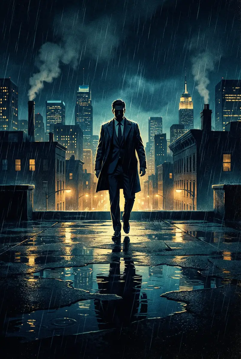 色情在线 出品影片《雨夜独行者》海报，雨中城市屋顶男性剪影